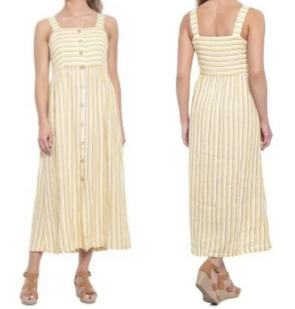 Rachel Zoe Dress Yellow Cream Stripe Smocked Midi WMNS 10 100% Linen Boho Chic